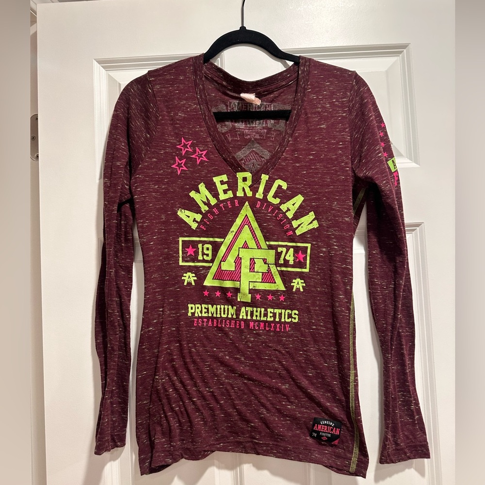 American Fighter Maroon and Neon Green Long Sleeve Tee